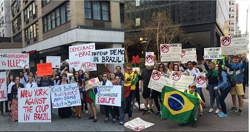 Plaucio Pucci na porta da sede da ONU segurando a bandeira do Brasil (foto: UOL)